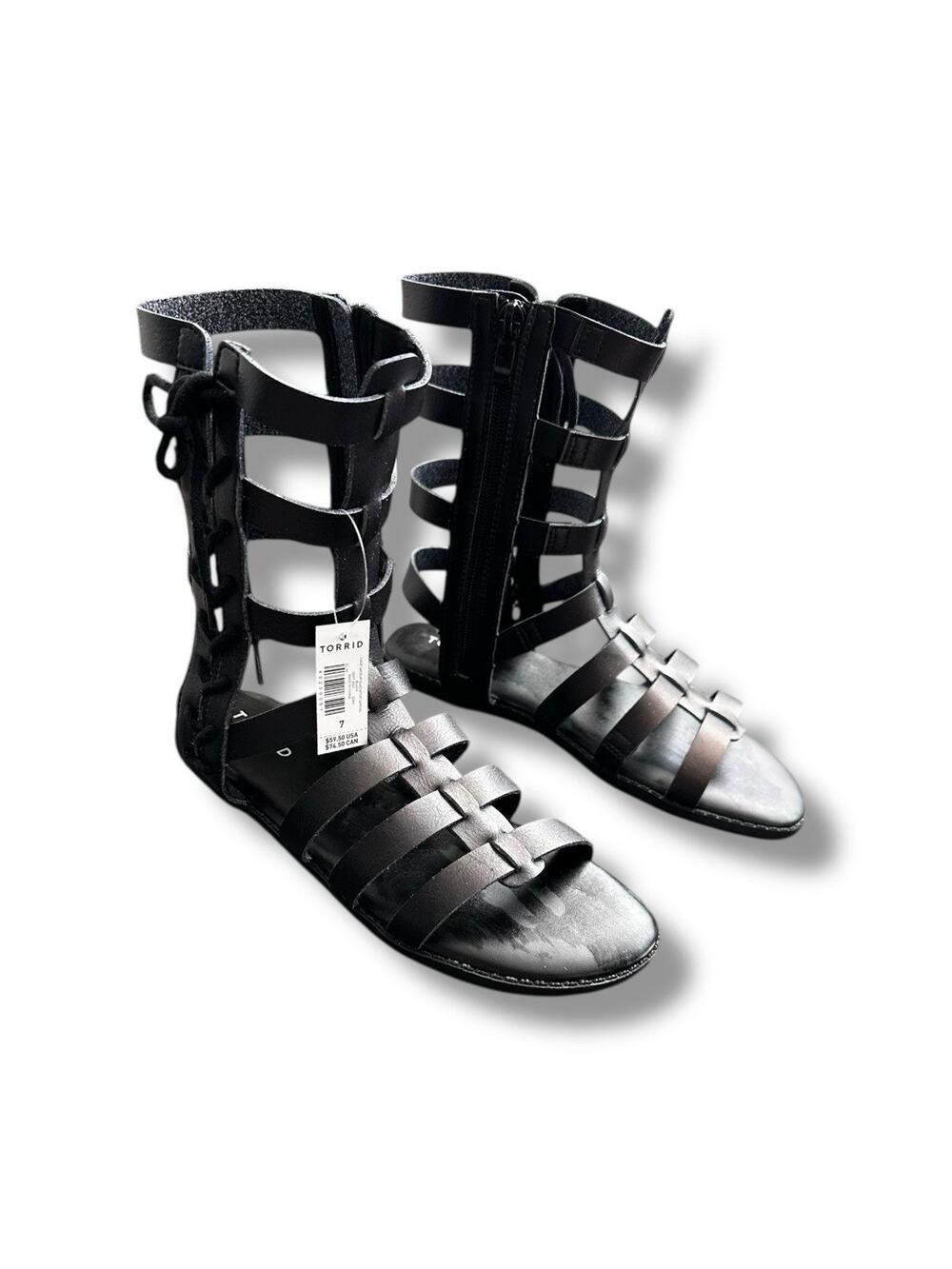 New Torrid Black Faux Leather Cage Lace Up Zip Up Gladiator Sandals Women's 7WW
